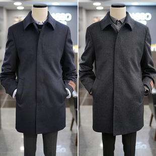 0130冬季新款BASSO藏青色炭灰色翻领羊毛混纺中长款毛呢大衣2色