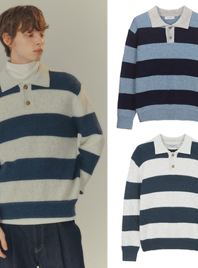 0101冬季新款Mind Bridge心桥蓝色条纹方领羊毛混纺针织POLO衫