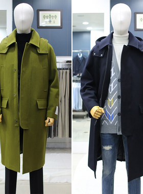 0101冬款BON绿色羊毛羊绒混纺可拆卸连帽鹅绒内里宽松毛呢大衣