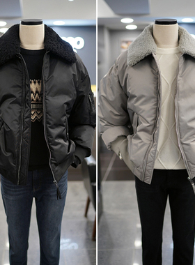 2025年冬季新款BASSO黑色翻领可拆卸羊羔毛领保暖羽绒飞行夹克2色