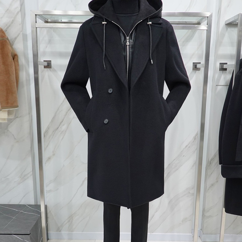 2025年冬季新款Liberclassy黑色纯色可拆卸帽子假两件毛呢大衣Q