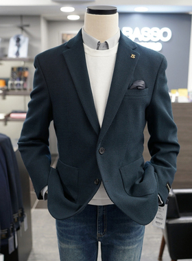 0130秋季新款BASSO绿色羊毛混纺粗花呢翻领双开叉休闲西服上衣
