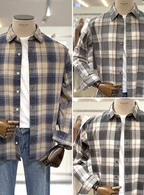 2025年冬季新款EDITION米色绿色格纹男士时尚微弹力长袖衬衫3色