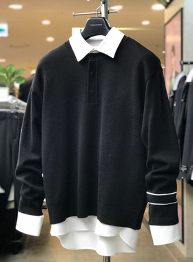 0322春款Liberclassy黑色亨利领羊毛混纺休闲长袖针织衫男