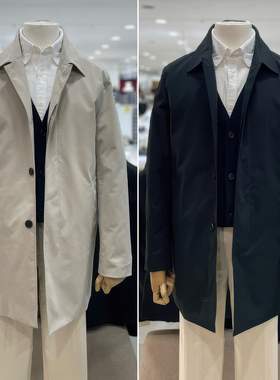 0320春款ZIOZIA深藏青色纯色翻领单排扣经典款中长款男士风衣2色