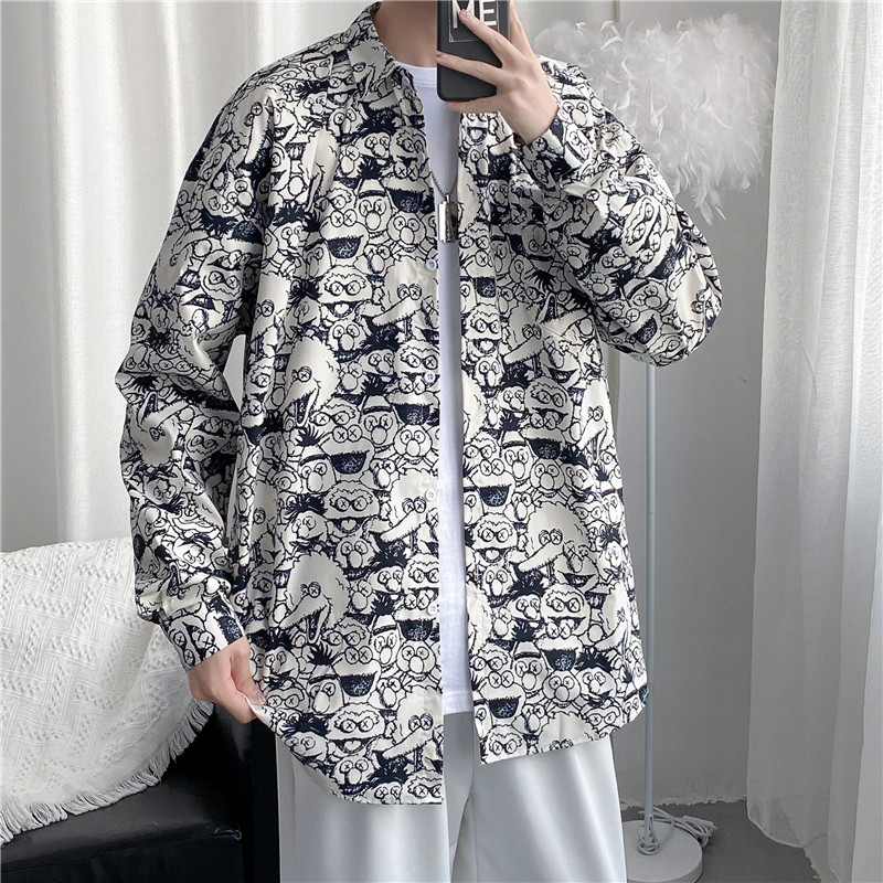 2025新款青少年动物图案印花衬衣免烫长袖衬衫宽松休闲CS8027-P35,男装衬衫,电商A062