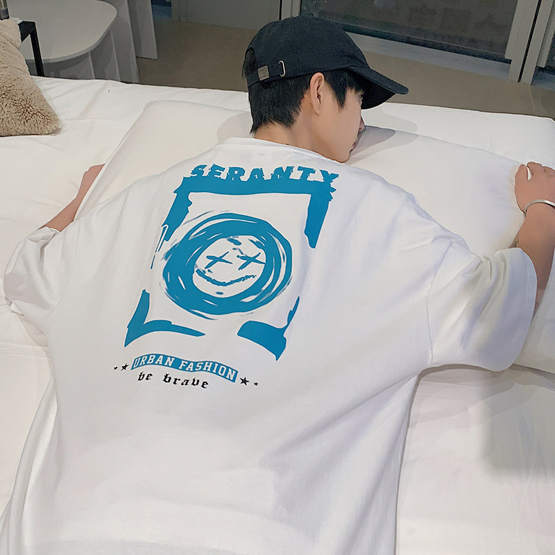 2025夏季趣味男士短袖笑脸印花圆领T恤宽松休闲短袖T8845-P35,男装T恤,电商A062