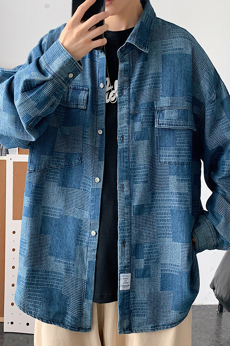 2025年秋季牛仔长袖衬衣宽松休闲格子衬衫青少年牛仔外套CSS07P55,男装工装外套,电商A062