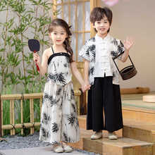 中式 男童夏季 唐装 套装 小女童国潮风吊带两件套宝宝汉服夏装 潮 短袖