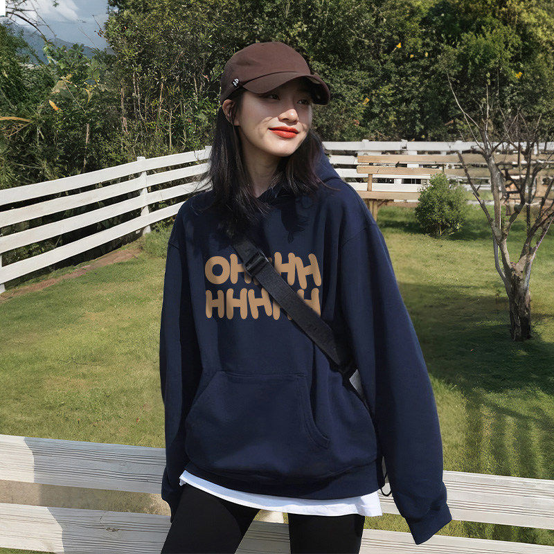 加绒加厚连帽卫衣女2025新款秋冬慵懒宽松长袖藏蓝色春秋薄款上衣