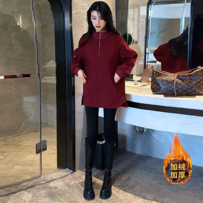 时尚加绒加厚立领卫衣女中长款秋冬新款减龄宽松显瘦慵懒女装上衣