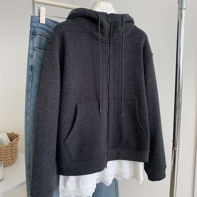 重磅加厚深灰色卫衣外套女气质慵懒保暖百搭秋冬韩版连帽拉链开衫