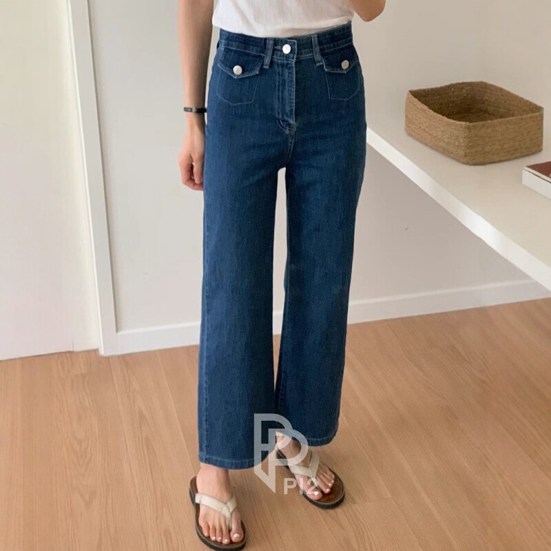 韩国货正品2025夏PI2松紧高腰显瘦薄软九分直筒小阔腿牛仔裤女618