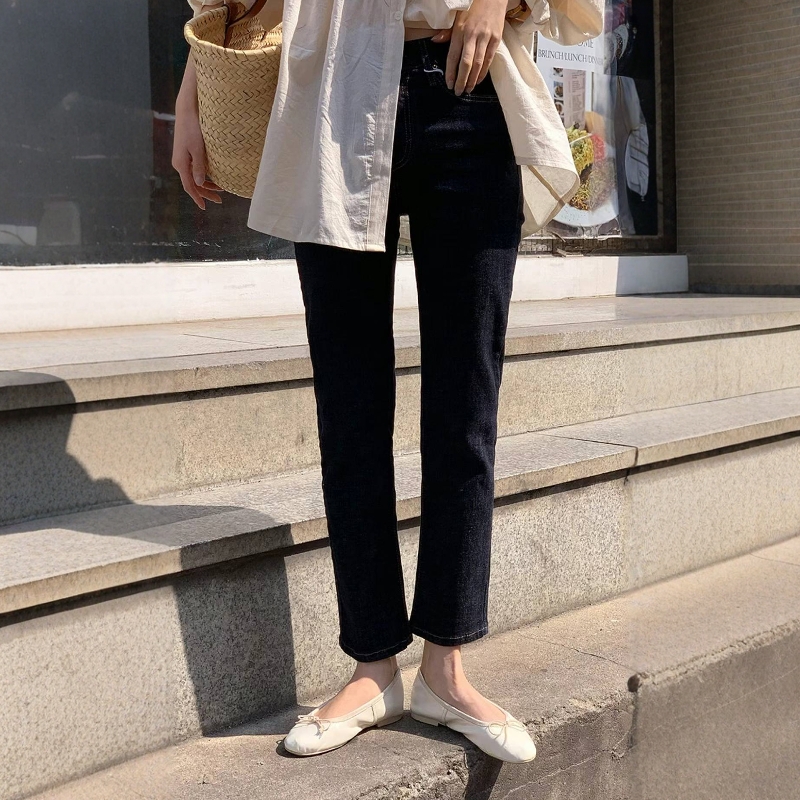 韩国东大门2025秋PI2正品松紧腰弹力显瘦小直筒烟管九分牛仔裤155