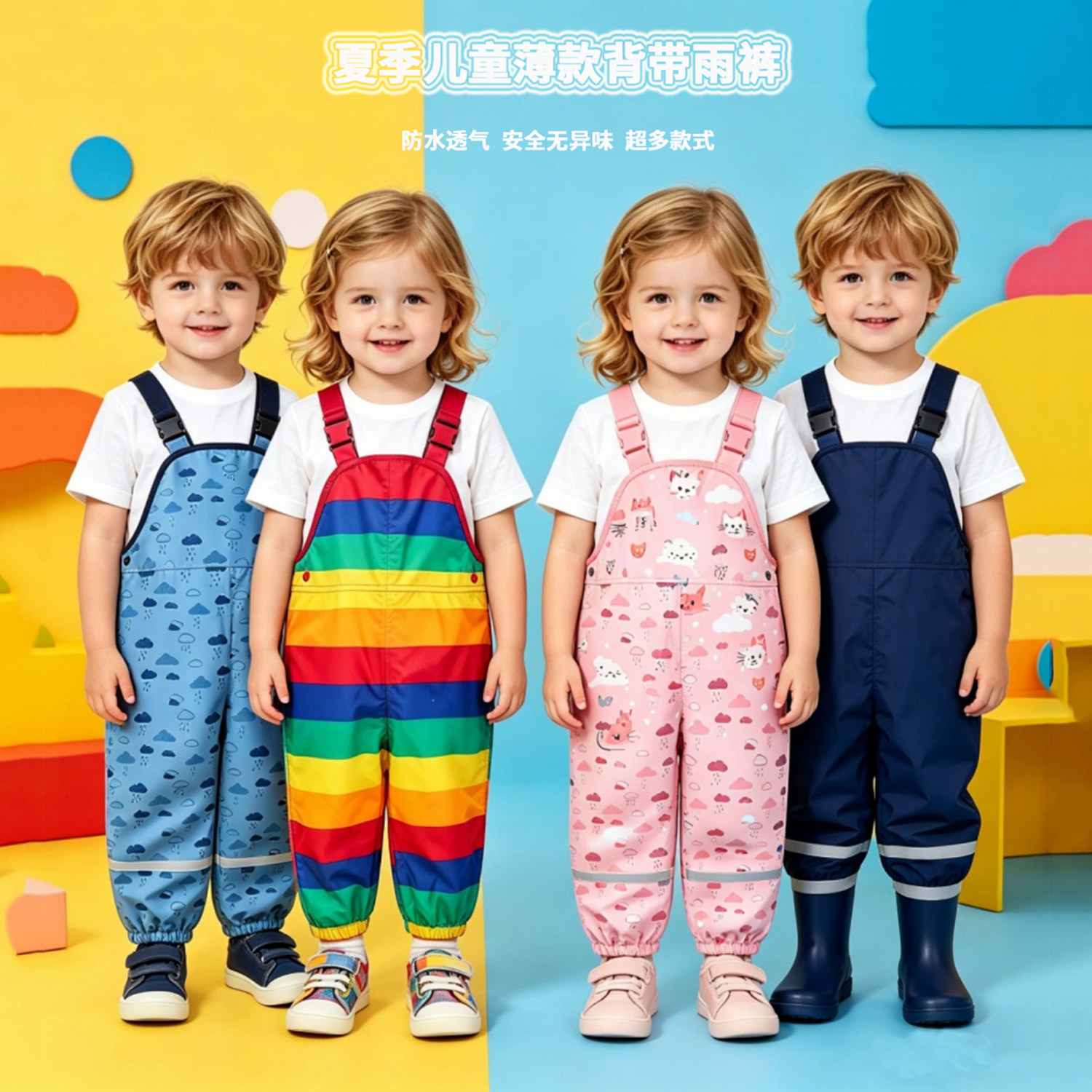 夏季薄款儿童户外运动玩水背带雨裤男女童幼儿1-10岁防水冲锋长裤