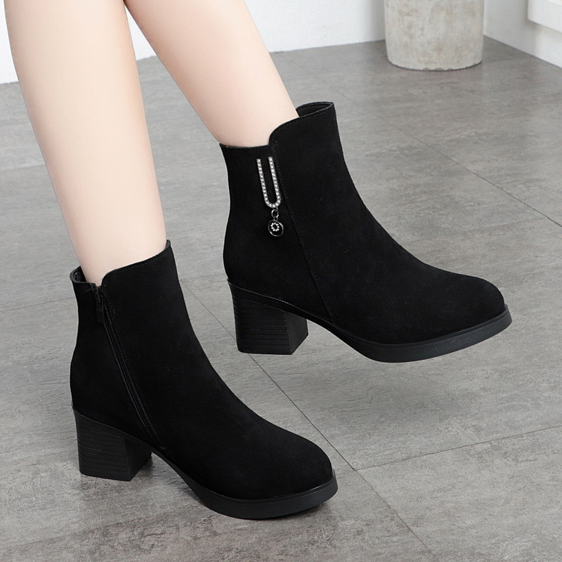 冬季羊毛一体防寒短靴磨砂牛皮春秋单靴加绒保暖中跟防滑软底棉靴,女鞋,马丁靴,淘宝优惠券,粉丝福利购,淘宝优惠卷