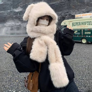 毛绒绒小狗耳朵冬季帽子围巾手套一体三件套女加厚保暖护脖毛绒帽
