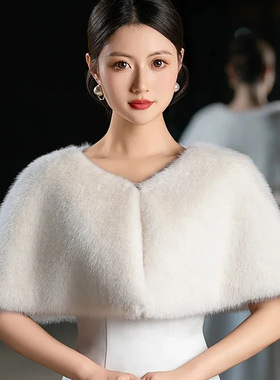 欧美风秋冬仿貂毛红色披肩新娘婚礼外搭毛领斗篷外贸爆款跨境批发