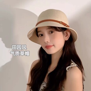 户外遮阳草帽田园风气质渔夫帽女夏季防晒圆顶草帽时尚百搭显脸小