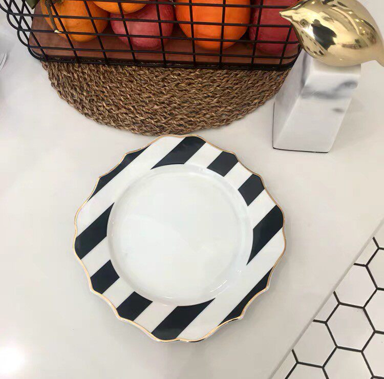 清仓特款日本franc经典黑白条纹陶瓷西餐盘 ins款甜品盘 上镜摆拍