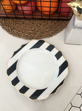 清仓特款日本Franc经典黑白条纹陶瓷西餐盘 INS款甜品盘 上镜摆拍
