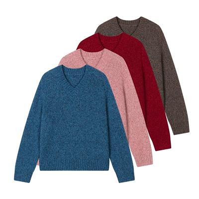 晴天wool女款白厂丝+山羊绒混色雪花纱立体马鞍肩V领廓形针织衫