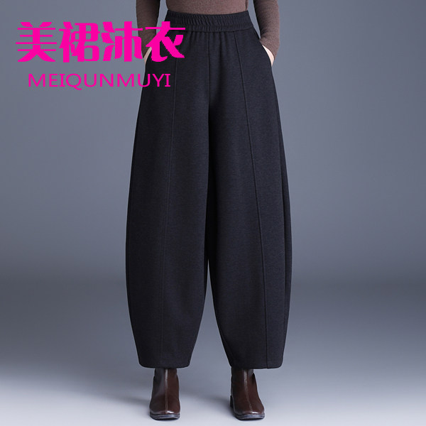 高档羊毛呢弯刀裤女秋冬新款高腰宽松哈伦口袋时尚百搭外穿休闲裤