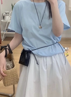 夏季韩国东大门ri*er基础圆领天蓝白色短袖T恤女薄棉半袖打底上衣