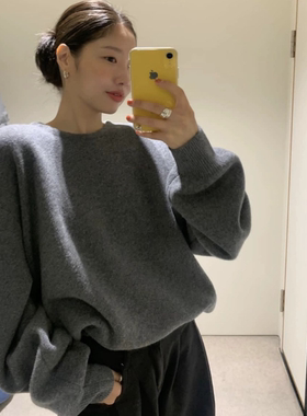 2025秋冬韩国设计师moo*dal气质通勤灰色圆领落肩羊毛羊绒女毛衣