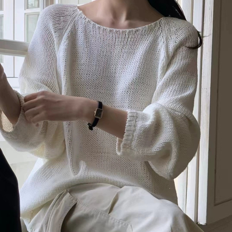 春秋韩国设计师verg*mot清雅简约圆领宽松长袖镂空针织衫女上衣