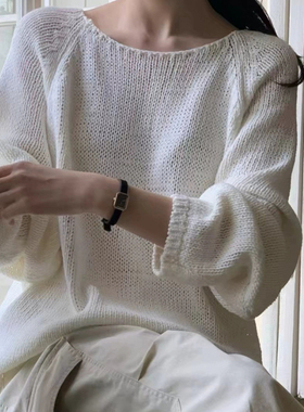春秋韩国设计师verg*mot清雅简约圆领宽松长袖镂空针织衫女上衣
