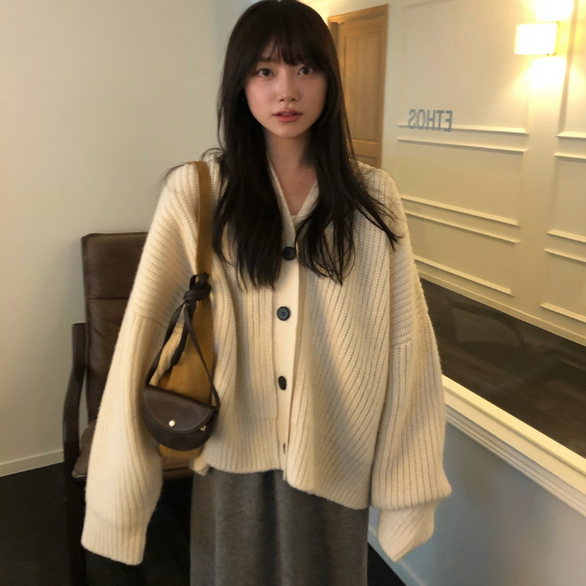 冬季韩国设计师et*os慵懒保暖V领系扣羊毛针织开衫女宽松毛衣外套