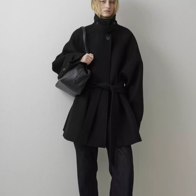 25冬季韩国设计师facade pat*ern立翻领绑带高密度羊毛大衣女外套