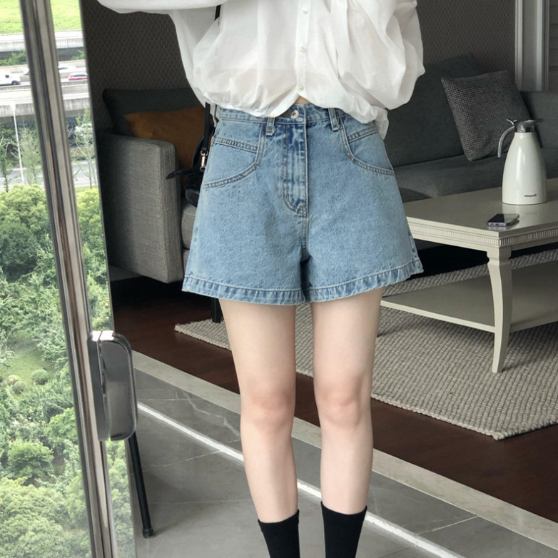 夏韩国设计师Pe*e复古减龄口袋牛仔短裤浅蓝色高腰显瘦a字女短裤
