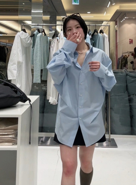 25春秋韩国东大门river家向日葵欧尼同款蝙蝠袖衬衫女浅蓝色衬衣