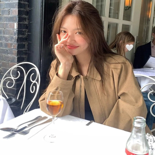 秋季韩国设计师tan*at巴恩风驼色抽绳收腰麂皮绒感风衣女INS外套