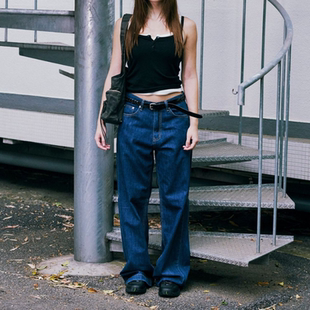 ssic深蓝色高腰直筒口袋提臀女拖地牛仔裤 春秋韩国设计师low
