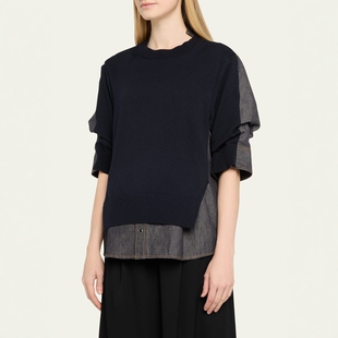 假两件宽松休闲百搭衬衫 立体衣袖 上衣女 拼接牛仔 日本小众针织衫