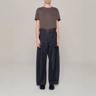 弧形立体剪裁阔腿原色牛仔裤 女宽腰带九分弯刀裤