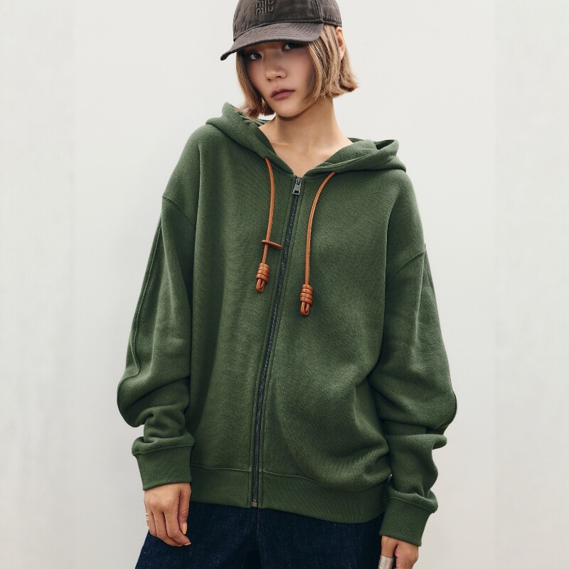 连帽皮革抽绳拉链卫衣女百搭