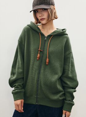 连帽皮革抽绳拉链卫衣女百搭