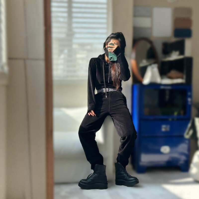 美式复古街头风灯芯绒短身连帽卫衣女外套+高腰束脚卫裤运动套装