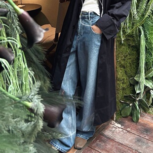 意大利BERTO牛仔深洗对比 复古中度水洗渐变十字宽松直筒牛仔裤女