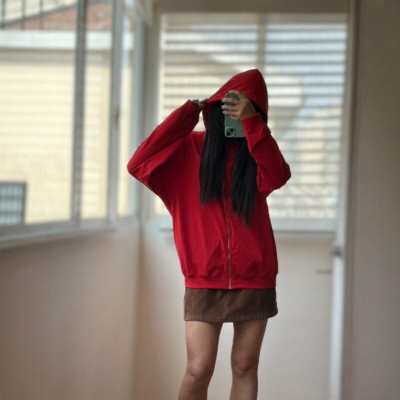 简约百搭柔软舒适抽绳连帽拉链运动衫宽松落肩袖休闲薄款卫衣女