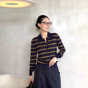 学院风经典海军蓝暖调金黄撞色开衫针织衫上衣女百搭显瘦条纹外套