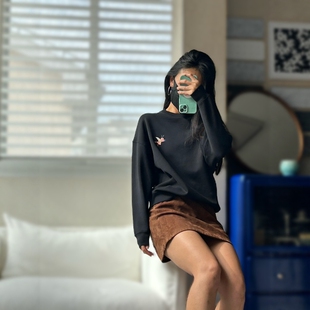 黑色白色圆领卫衣女士长袖宽松休闲套头百搭小天使刺绣线圈棉上衣