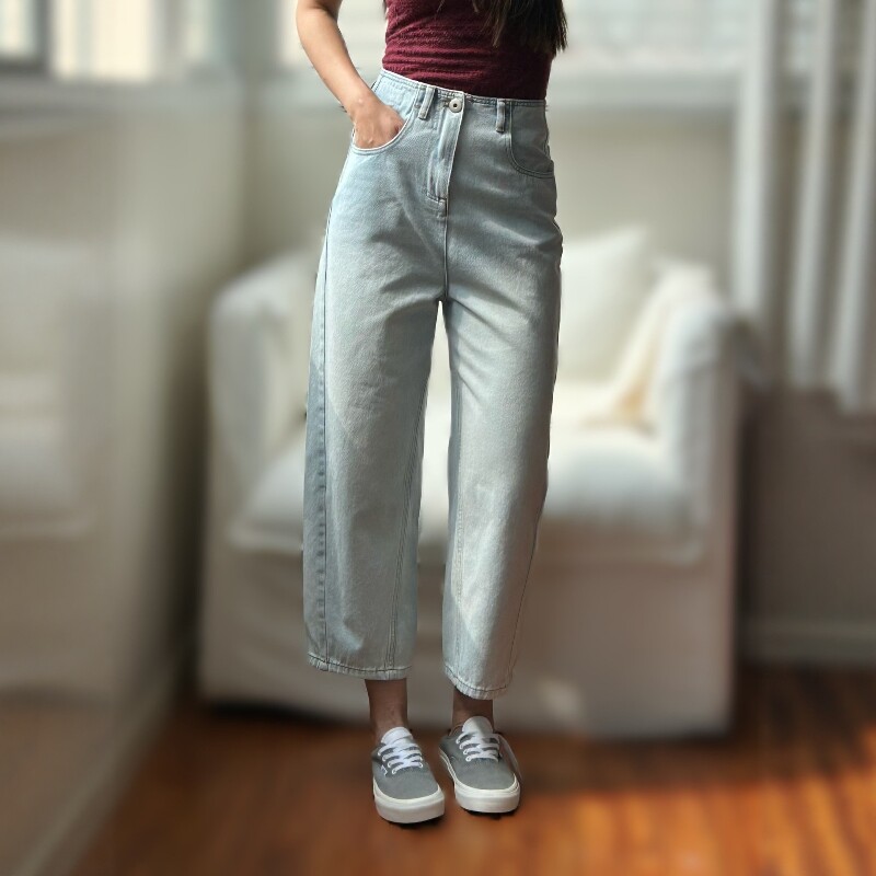 复古水洗阔腿牛仔裤女浅蓝九分直筒小脚高腰显瘦百搭茧型休闲裤