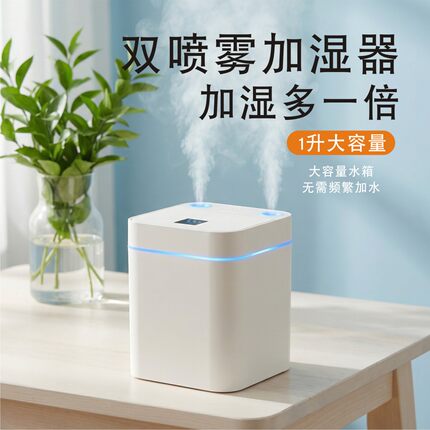 USB双喷雾加湿器1升大容量静音大雾量LED小夜灯花草植物增湿家用