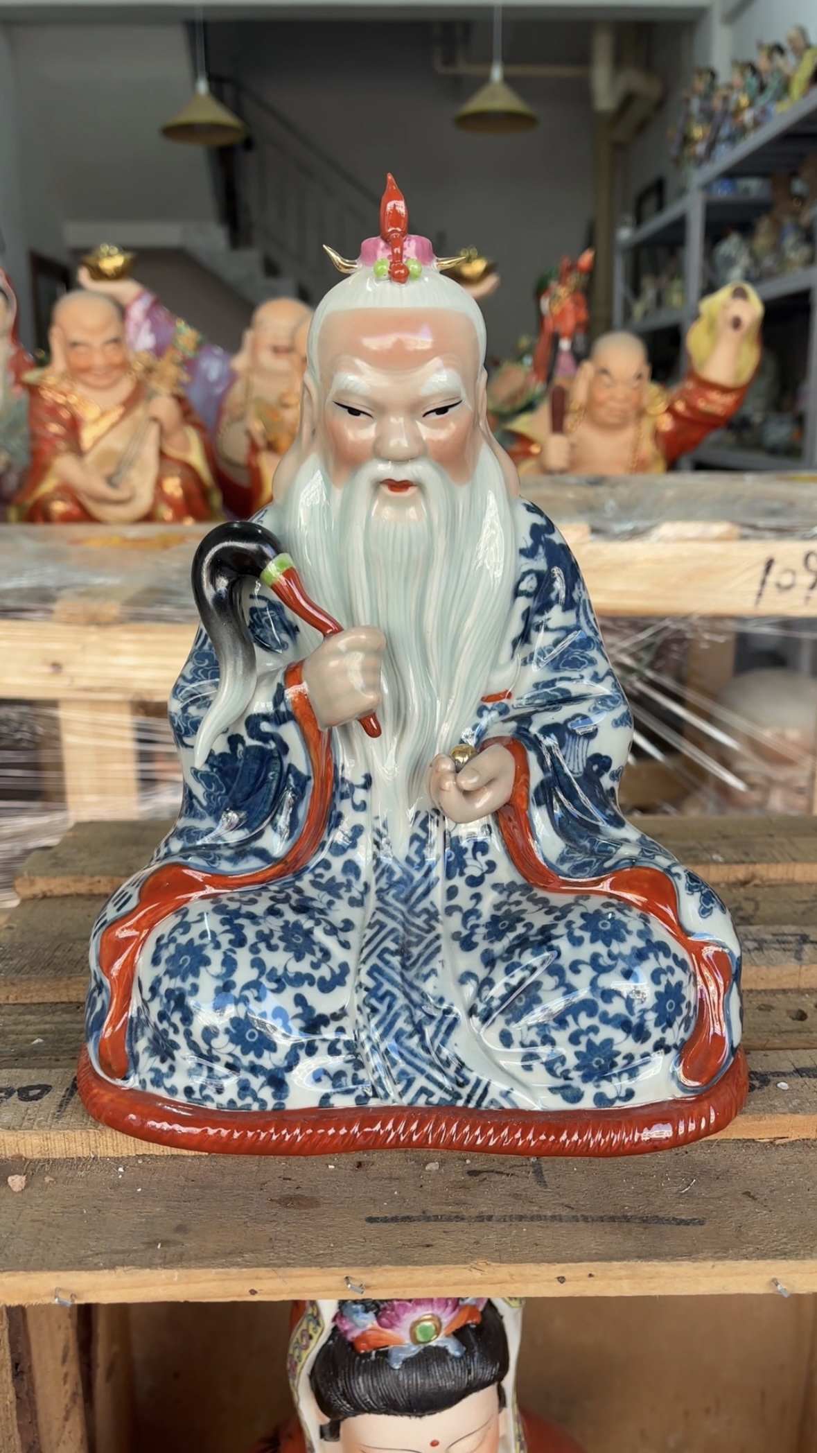 太上老君雕塑瓷器摆件小号青花陶瓷老子供奉神像三清道德天尊26cm