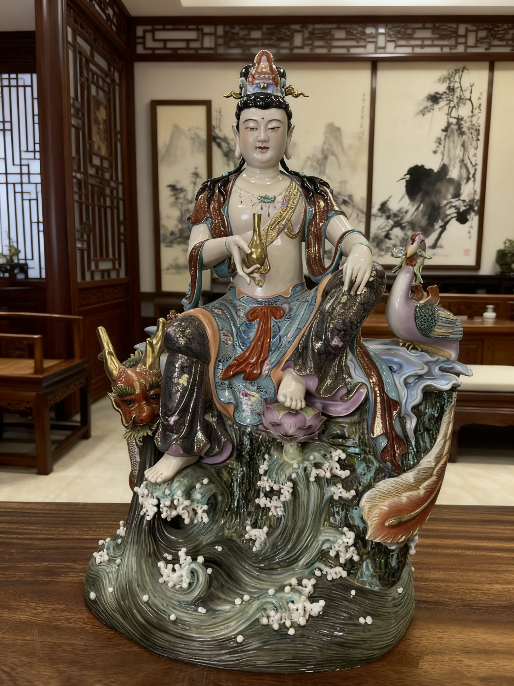 景德镇雕塑陶瓷观音佛像供奉家用观音像龙凤自在观世音菩萨摆件80